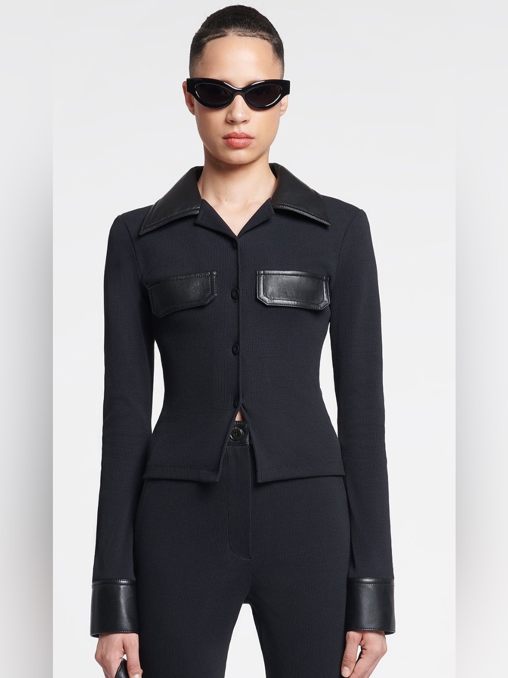 NWT!! Nanushka / XS / Rasima Black/ Black Rib Jersey regen leather Fitted shirt